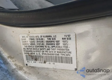 2008 Honda Odyssey Ex from USA, damaged, VIN 5FNRL38468B012349